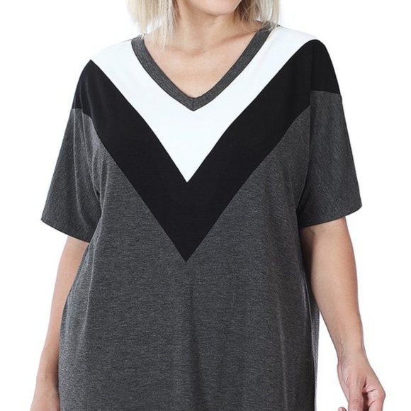 Chevron Color Block v-Neck Top, Ash Grey - Picture 2 of 2